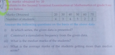 ) The marks obtained by 20
sfudents in the Second Terminal Examination of Mathematics of grade 9 are 
given below. 
Answer the following questions on the basis of the above data: 
i) In which series, the given data is presented? 
ii) Construct a cumulative frequency from the given data. 
iii) What is the median marks of the students? 
iv) What is the average marks of the students getting more than median 
score?