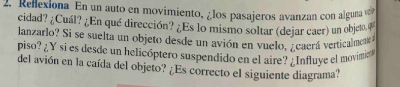 Reflexiona En un auto en movimiento, ¿los pasajeros avanzan con alguna vel 
cidad? ¿Cuál? ¿En qué dirección? ¿Es lo mismo soltar (dejar caer) un objeto, que 
lanzarlo? Si se suelta un objeto desde un avión en vuelo, ¿caerá verticalmente 
piso? ¿Y si es desde un helicóptero suspendido en el aire? ¿Influye el movimien 
del avión en la caída del objeto? ¿Es correcto el siguiente diagrama?