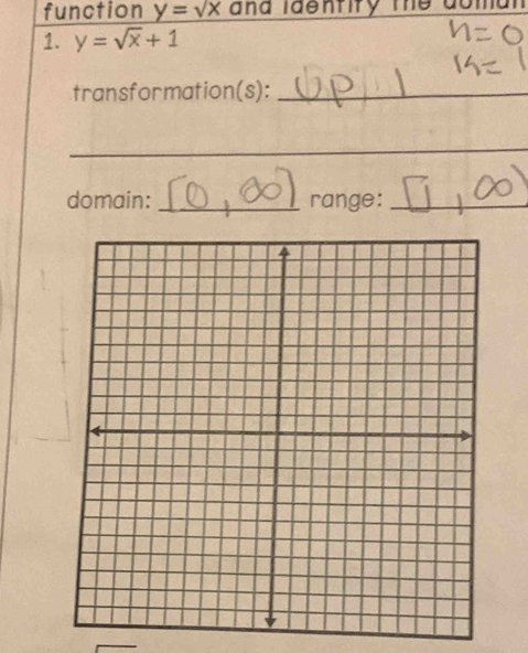 function y=sqrt(x) and identity the domal
1. y=sqrt(x)+1
transformation(s):_
_
domain: _range:_