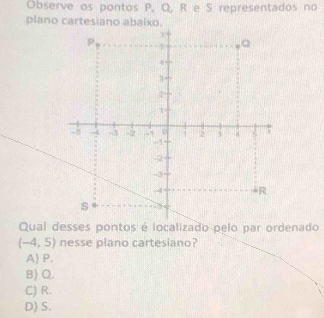 Observe os pontos P, Q, R e S representados no
plano cartesiano abaixo.
Qual desses pontos é localizado pelo par ordenado
(-4,5) nesse plano cartesiano?
A) P.
B) Q.
C) R.
D) S.