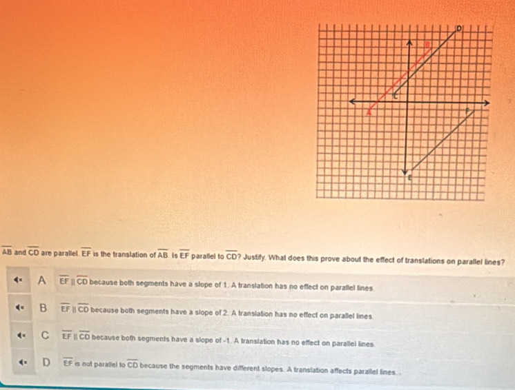overline AB and overline CD are parallel overline EF is the translation of overline AB is overline EF parallel to overline CD ? Justify. What does this prove about the effect of translations on parallel lines?
A overline EFparallel overline CD because both segments have a slope of 1. A translation has no effect on parallel lines
B overline EFparallel overline CD because both segments have a slope of 2. A translation has no effect on parallel lines
C overline EFparallel overline CD because both segments have a slope of -1. A translation has no effect on parallel lines
D overline EF is not parallel to overline CD because the segments have different slopes. A translation affects parallel lines.
