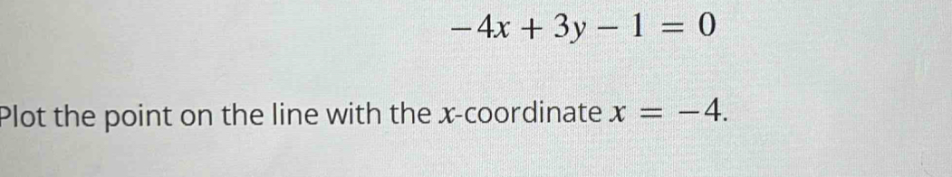 -4x+3y-1=0
Plot the point on the line with the x-coordinate x=-4.