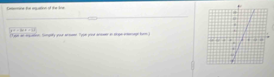 Determine the eqpation of the line. 
_
y=-3x+-12
(Type an equation. Simpity your answer. Type your answer in slope-intersept form.)