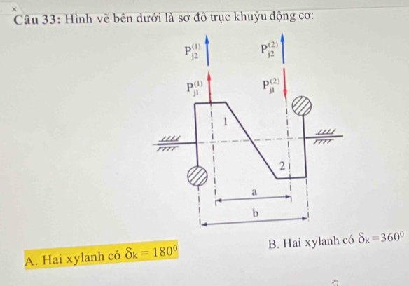 ×
Câu 33: Hình vẽ bên dưới là sơ đô trục khuỷu động cơ:
P_(j2)^((1)) P_(j2)^((2))
P_(j1)^((1)) P_(j1)^((2))
1
m
2
a
b
A. Hai xylanh có delta _k=180° B. Hai xylanh có delta _k=360°