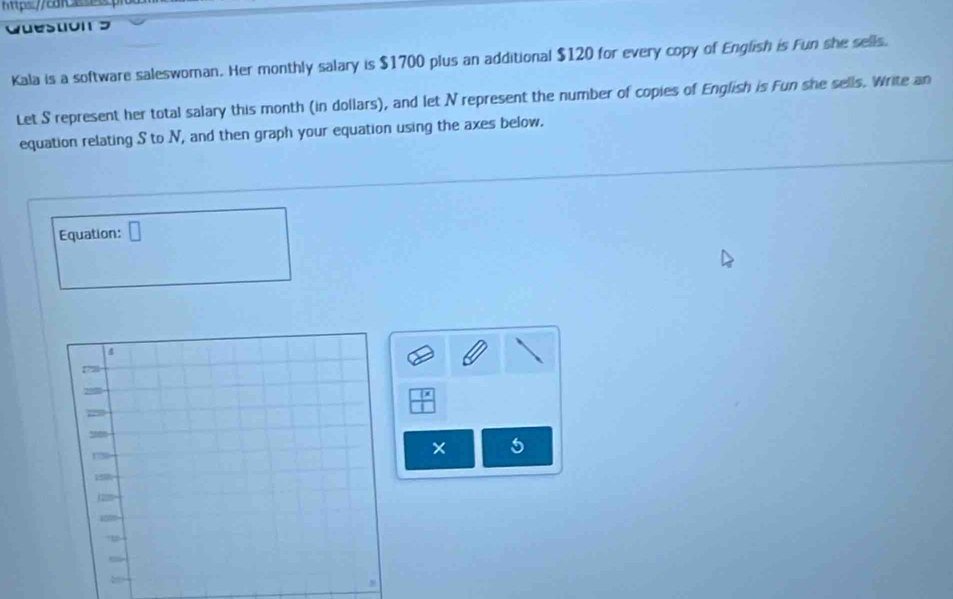 Kala is a software saleswoman. Her monthly salary is $1700 plus an additional $120 for every copy of English is Fun she sells. 
Let S represent her total salary this month (in dollars), and let N represent the number of copies of English is Fun she sells. Write an 
equation relating S to N, and then graph your equation using the axes below. 
Equation: