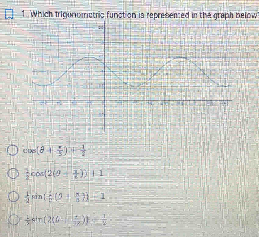 Which trigonometric function is represented in the graph below
cos (θ + π /3 )+ 1/2 
 1/2 cos (2(θ + π /6 ))+1
 1/2 sin ( 1/2 (θ + π /6 ))+1
 1/2 sin (2(θ + π /12 ))+ 1/2 