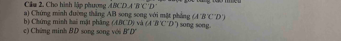 Cho hình lập phương ABCD. A'B'C'D
a) Chứng minh đường thẳng AB song song với mặt phẳng (A'B'C'D')
b) Chứng minh hai mặt phắng (ABCD) và (A'B'C'D') song song. 
c) Chứng minh BD song song với B'D'