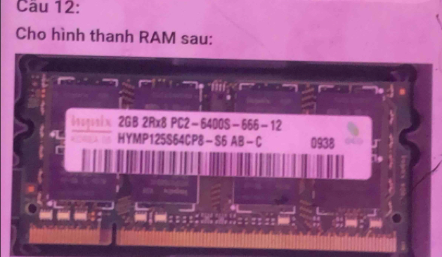 Cho hình thanh RAM sau: 
irugurix 2GB 2Rx8 PC2-6400S−666-12 
HYMP125S64CP8-S6 AB-C 0938 
-