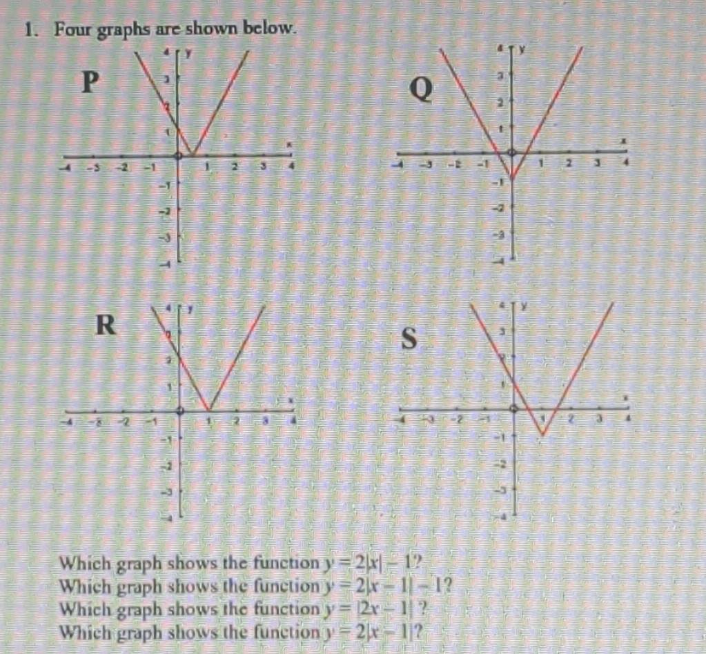 Four graphs are shown below. 


Which graph shows the function y=2|x|-1 ? 
Which graph shows the function y=2|x-1|-1 ? 
Which graph shows the function y=|2x-1| ? 
Which graph shows the function y=2|x-1| ?