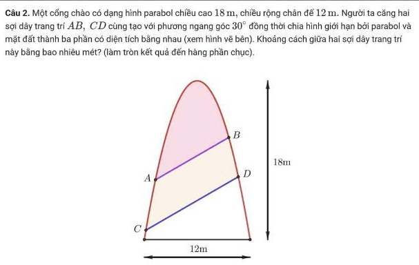 Một cổng chào có dạng hình parabol chiều cao 18 m, chiều rộng chân đế 12 m. Người ta căng hai 
sợi dây trang trí AB, CD cùng tạo với phương ngang góc 30° đồng thời chia hình giới hạn bởi parabol và 
mặt đất thành ba phần có diện tích bằng nhau (xem hình vẽ bên). Khoảng cách giữa hai sợi dây trang tr 
này bằng bao nhiêu mét? (làm tròn kết quả đến hàng phần chục).