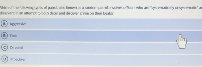 Solved: Which of the following types of patrol, also known as a random ...