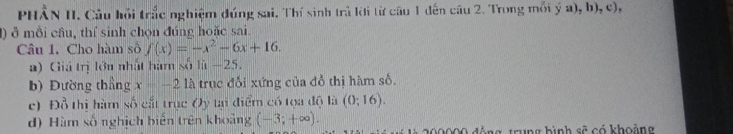 PHẨN II. Câu hồi trắc nghiệm đúng sai. Thí sinh trả lời từ cầu 1 đến câu 2. Trong mỗi ý a), b), c), 
1) ở mỗi câu, thí sinh chọn đúng hoặc sai. 
Câu 1. Cho hàm số f(x)=-x^2-6x+16. 
a) Giả trị lớn nhất hàm số 1i-25. 
b) Đường thẳng x=-21k trục đối xứng của đỗ thị hàm số. 
c) Đỗ thị hàm số cắt trục Oy tại điểm có tọa độ là (0;16). 
d) Hàm số nghịch biến trên khoảng (-3;+∈fty ). 
200000 động trung bình sẽ có khoàng