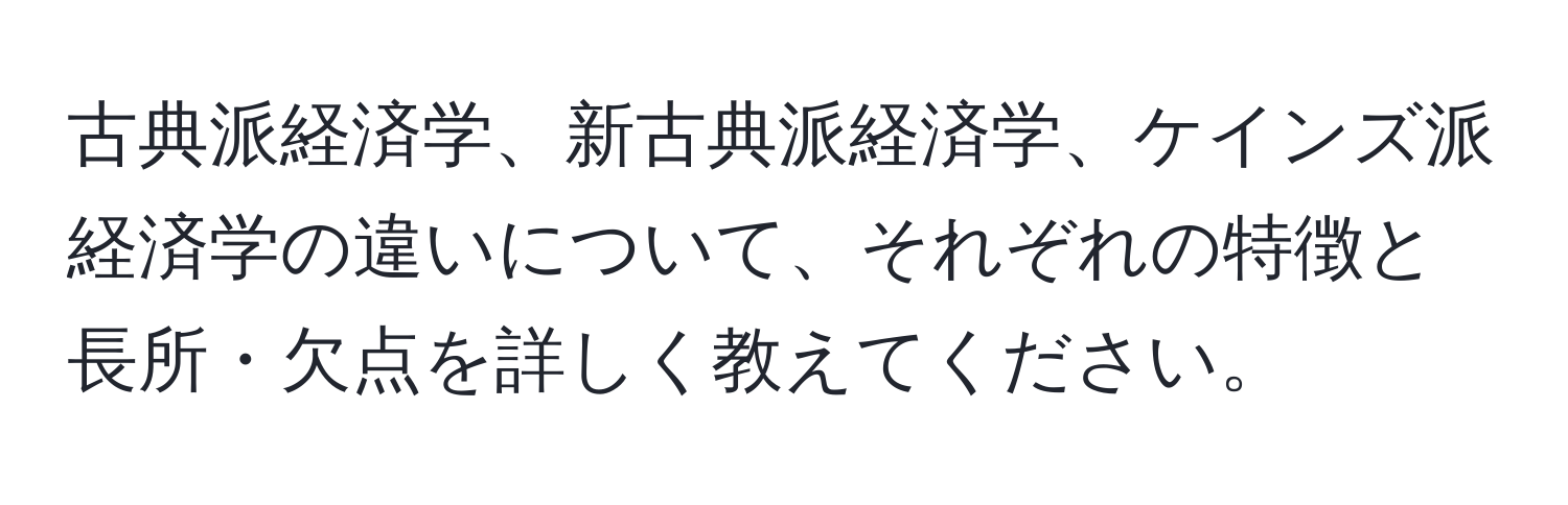 古典派経済学、新古典派経済学、ケインズ派経済学の違いについて、それぞれの特徴と長所・欠点を詳しく教えてください。