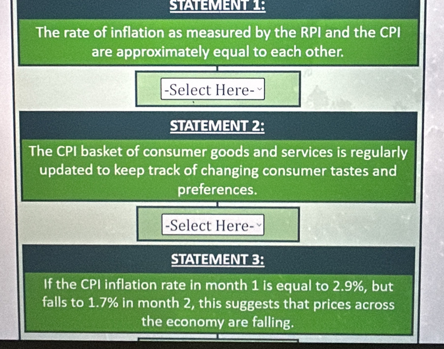 STATEMENT 1: 
The rate of inflation as measured by the RPI and the CPI 
are approximately equal to each other. 
-Select Here- 
STATEMENT 2: 
The CPI basket of consumer goods and services is regularly 
updated to keep track of changing consumer tastes and 
preferences. 
-Select Here- 
STATEMENT 3: 
If the CPI inflation rate in month 1 is equal to 2.9%, but 
falls to 1.7% in month 2, this suggests that prices across 
the economy are falling.