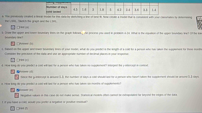 You previously created a linear model for this data by sketching a line of best fit. Now create a model that is consistent with your classmates by determining 
the LSRL. Sketch the graph and the LSRL. 
□Hint (a) 
b. Draw the upper and lower boundary lines on the graph followir,_ he process you used in problem 4-24. What is the equation of the upper boundary line? Of the low 
boundary line? 
□Answer (b): 
c. Based on the upper and lower boundary lines of your model, what do you predict is the length of a cold for a person who has taken the supplement for three month
Consider the precision of the data and use an appropriate number of decimal places in your response. 
> □Hint (c): 
d. How long do you predict a cold will last for a person who has taken no supplement? Interpret the y-intercept in context. 
Answer (d) 
Since the y-intercept is around 5.3, the number of days a cold should last for a person who hasn't taken the supplement should be around 5.3 days
e. How long do you predict a cold will last for a person who has taken six months of supplements? 
Answer (e): 
Negative values in this case do not make sense. Statistical models often cannot be extrapolated far beyond the edges of the data. 
f. If you have a cold, would you prefer a negative or positive residual? 
□Hint (1):