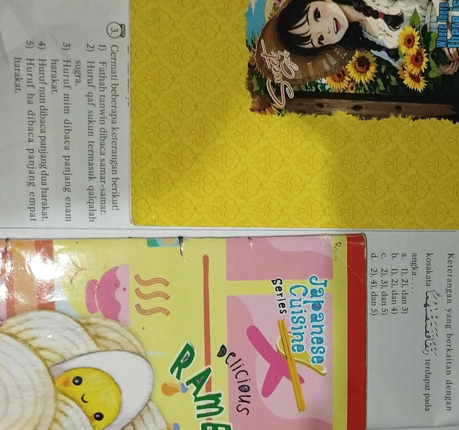 Keterangan yang berkaitan dengan
kosakata terdapat pada
angka . . . .
a. 1), 2), dan 3)
b. 1), 2), dan 4)
c. 2), 3), dan 5)
d. 2), 4), dan 5)
ace
Japanese
Cuisine
Series
elicious
I
SS$
2) Huruf qaf sukun termasuk qalqalah
sugra.
3) Huruf mim dibaca panjang enam
harakat.
4) Huruf nun dibaca panjang dua harakat.
5) Huruf ha dibaca panjang empat
harakat.