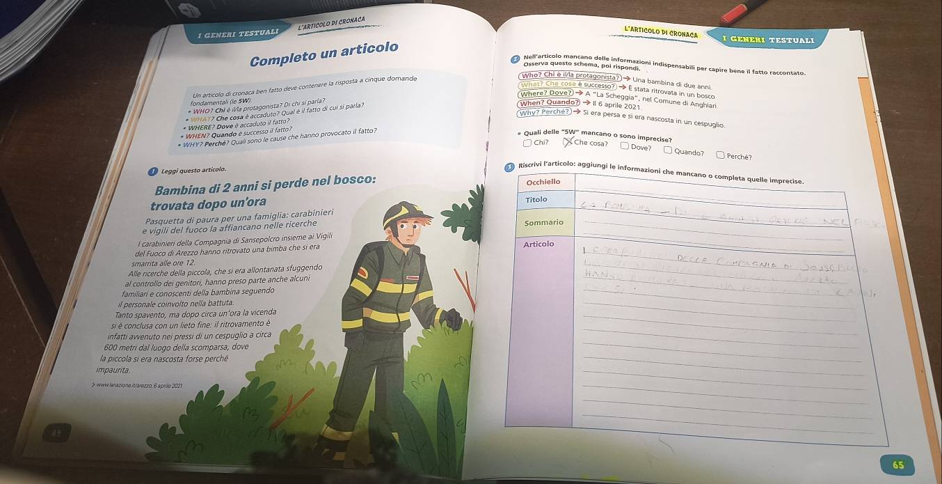 L'ARTICOLO DI CRONACA
I GENERI TESTUALI
L"ARTICOLO DI CRONACA
I GEnEri TESTuali
Completo un articolo
Nell'artícolo mancano delle informazioni indispensabilí per capire bene il fatto raccontato
Osserva questo schema, poi rispondi. 
Un artícolo di cronaca ben fatto deve contenere la risposta a cinque domande
Who? Chi è illa protagonista? → Una bambina di due anni
What? Che cosa é successo?) → É stata ritrovata in un bosco
(Where? Dove?) → A "La Scheggia", nel Comune di Anghian
fondamentali (le 5W)
* WHO? Chỉ è ¡Va protagonista? Di chi si parla?
* WHAT? Che cosa è accaduto? Qual è il fatto di cui si parla?
(When? Quando? → Il 6 aprile 2021
why? Perché?) → Si era persa e si era nascosta in un cespuglio
* WHERE? Dove è accaduto il fatto?
* WHEN? Quando é successo iI fatto?
# Quali delle "5W" mancano o sono imprecise?
* WHY? Perché? Quali sono le cause che hanno provocato il fatto?
Chi7 Che cosa? _ Dave? □ Quando?  Perché?
Leggi questo artícolo.
Bambina di 2 anni si perde nel bosco:
trovata dopo un’ora 
Pasquetta di paura per una famiglia: carabinieri 
e vigili del fuoco la affiancano nelle ricerche 
l carabinieri della Compaqnia di Sansepolcro insieme ai Vigili
del Fuoco di Arezzo hanno ritrovato una bimba che sí era 
smarrita alle ore 12
Alle ricerche della piccola, che si era allontanata sfuggendo
al controllo dei genitori, hanno preso parte anche alcuni
familiari e conoscenti della bambina seguendo
il personale coinvolto nella battuta.
Tanto spavento, ma dopo circa un’ora la vicenda
si è conclusa con un lieto fine: il ritrovamento é
infatti awenuto nei pressi di un cespuglio a circa
600 metri dal luogo della scomparsa, dove
la piccola si era nascosta forse perché
impaurita.
> wwwlanazione.it/arezzo, 6 aprile 2021
gn
65