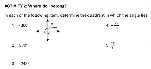 ACTIVITY 2: Where do I belong? 
In each of the following item, determine the quadrant in which the angle lies. 
1. -300°
4. - 2π /5 
2. 970° 5.  7π /3 
3. -243°