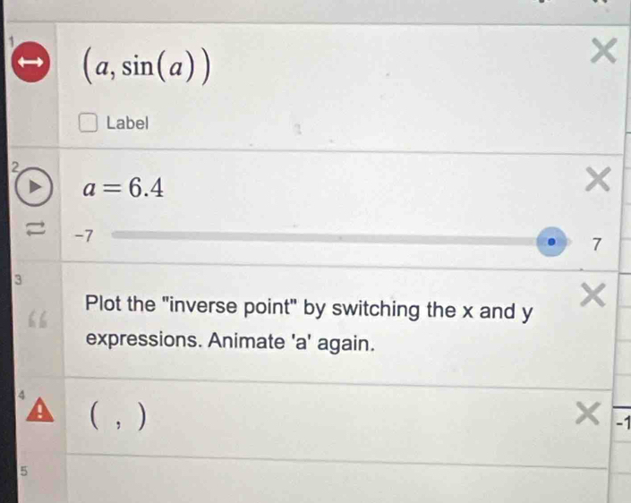 (a,sin (a))
× 
Label
2
a=6.4
-7
7
3 
Plot the "inverse point" by switching the x and y  
expressions. Animate ' a ' again.
4
( , ) -1
5