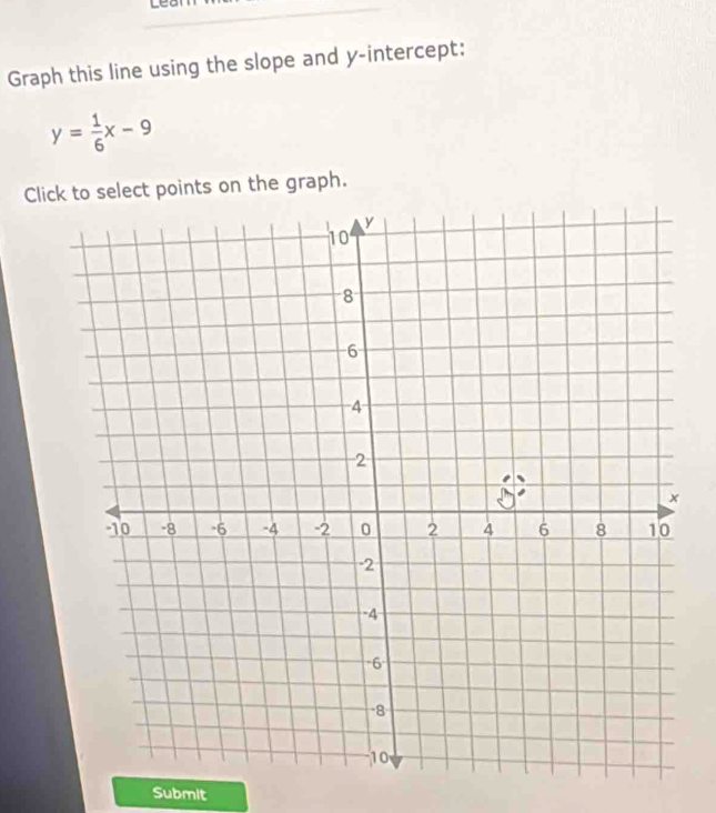 Graph this line using the slope and y-intercept:
y= 1/6 x-9
Click to select points on the graph. 
Submit