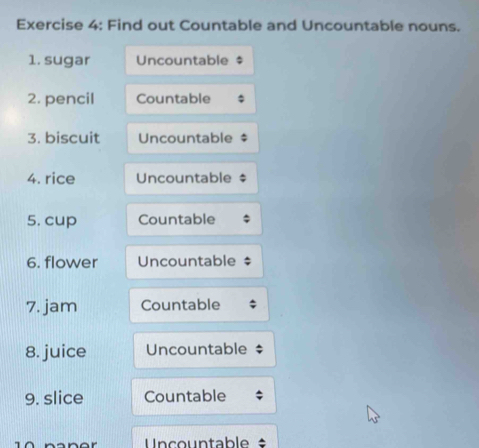 Find out Countable and Uncountable nouns. 
1. sugar Uncountable 
2. pencil Countable 
3. biscuit Uncountable 
4. rice Uncountable 
5. cup Countable 
6. flower Uncountable 
7. jam Countable 
8. juice Uncountable 
9. slice Countable 
Uncountable