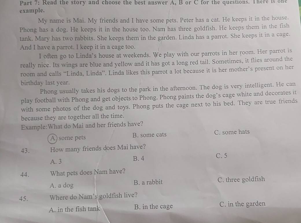 Read the story and choose the best answer A, B or C for the questions. There is one
example.
My name is Mai. My friends and I have some pets. Peter has a cat. He keeps it in the house.
Phong has a dog. He keeps it in the house too. Nam has three goldfish. He keeps them in the fish
tank. Mary has two rabbits. She keeps them in the garden. Linda has a parrot. She keeps it in a cage.
And I have a parrot. I keep it in a cage too.
I often go to Linda’s house at weekends. We play with our parrots in her room. Her parrot is
really nice. Its wings are blue and yellow and it has got a long red tail. Sometimes, it flies around the
room and calls “Linda, Linda”. Linda likes this parrot a lot because it is her mother’s present on her
birthday last year.
Phong usually takes his dogs to the park in the afternoon. The dog is very intelligent. He can
play football with Phong and get objects to Phong. Phong paints the dog’s cage white and decorates it
with some photos of the dog and toys. Phong puts the cage next to his bed. They are true friends
because they are together all the time.
Example:What do Mai and her friends have?
A some pets B. some cats C. some hats
43. How many friends does Mai have?
A. 3 B. 4
C. 5
44. What pets does Nam have?
A. a dog B. a rabbit C. three goldfish
45. Where do Nam's goldfish live?
A. in the fish tank B. in the cage C. in the garden