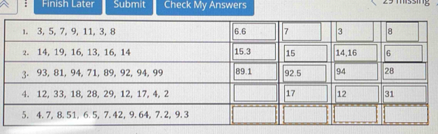 Finish Later Submit Check My Answers 29 missing