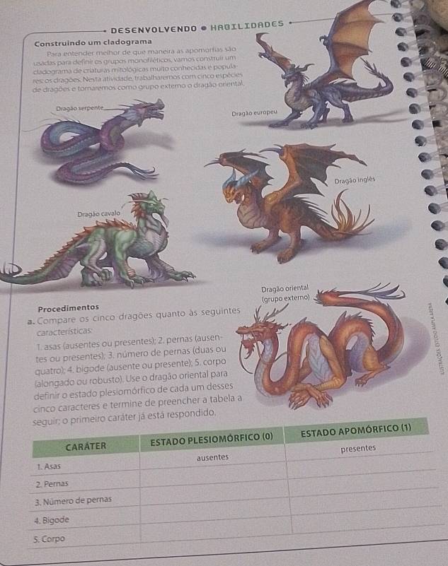 DESENVOLVENDO ● HABILIDADES 
Construindo um cladograma 
Para entender melhor de que maneira as apomorfias são 
usadas para definir os grupos monofiléticos, vamos construir um 
cladograma de criaturas mitológicas muito conhecidas e popula 
res: os dragões. Nesta atividade, trabalharemos com cinco espécies 
de dragões e tornaremos como grupo externo o dragão oriental. 
Dragão serpente 
Dragão europeu 
Dragão inglês 
Dragão cavalo 
Dragão oriental 
Procedimentos (grupo externo) 
a Compare os cinco dragões quanto às seguintes 
características: 
tes ou presentes); 3. número de pernas (duas ou B 
1. asas (ausentes ou presentes); 2. pernas (ausen- 
quatro); 4. bigode (ausente ou presente); 5. corpo 
(alongado ou robusto). Use o dragão oriental para 
definir o estado plesiomórfico de cada um desses 
cinco caracteres e termine de preencher a tabela a 
espondido.