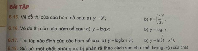 Bài tập 
6.15. Vẽ đồ thị của các hàm số sau: a) y=3^x; b) y=( 1/3 )^x. 
6.16. Vẽ đồ thị của các hàm số sau: a) y=log x; b) y=log _ 1/3 x. 
6.17. Tìm tập xác định của các hàm số sau: a) y=log |x+3|; b) y=ln (4-x^2). 
6.18. Giả sử một chất phóng xạ bị phân rã theo cách sao cho khối lượng m(t) của chất