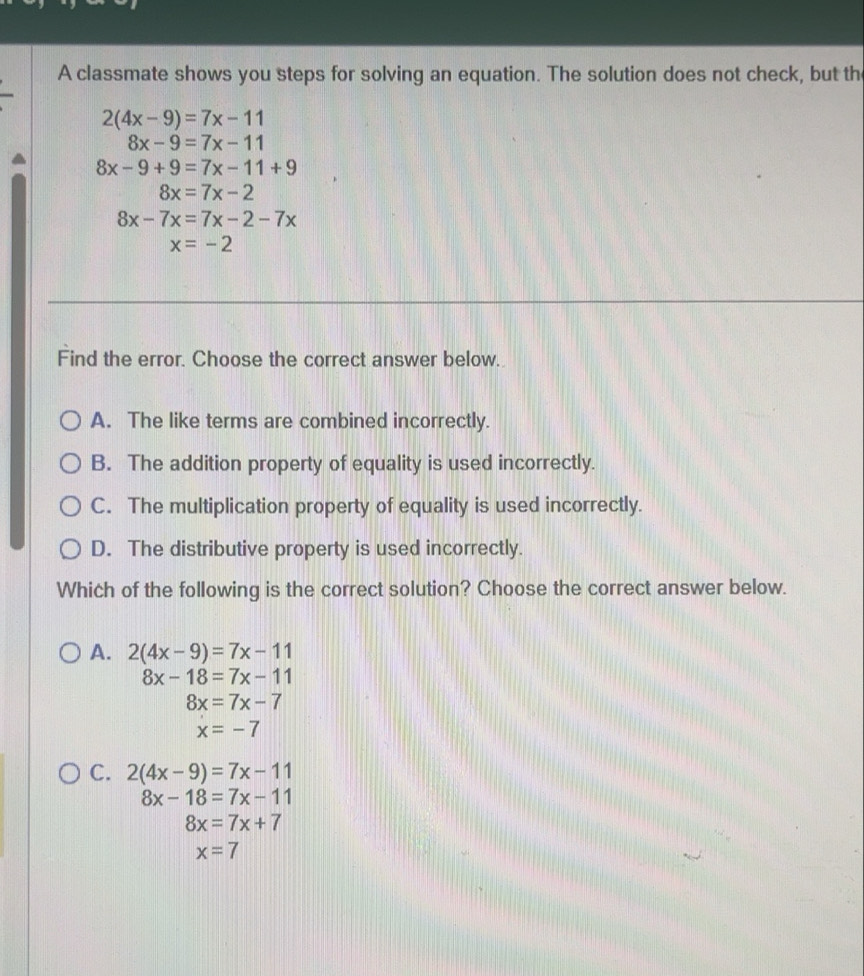 Solved: A classmate shows you steps for solving an equation. The ...