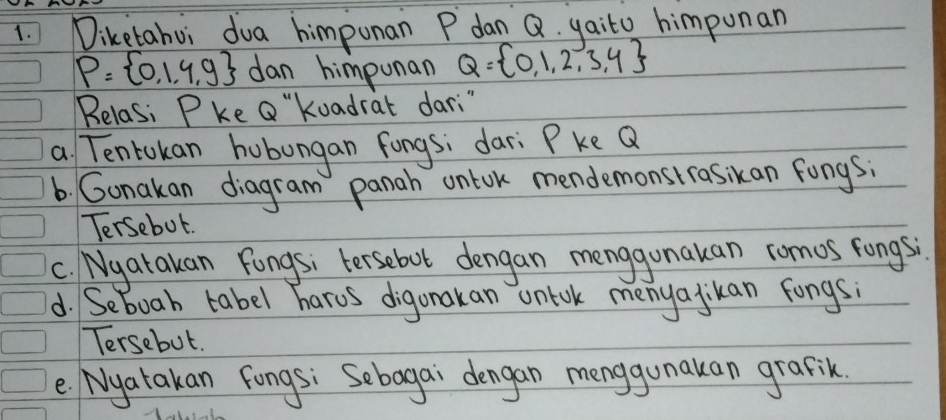 Diketahui dua himpunan P dan Q yaito himpunan
P= 0,1,9,9 dan himpunan Q= 0,1,2,3,4
Belasi Pke a "kuadrat dari" 
a Tentokan hobungan fongs; dar: Pke Q
6. Gonakan diagram panah ontok mendemonstrasikan fongs; 
Tersebot. 
c. Ngatakan Fongs; tersebot dengan menggunakan romos fongs; 
d. Seboab tabel harus digonakan untok menyajikan fongs; 
Tersebut. 
e Nyatakan fongs: Sebogai dengan menggunakan grafik.