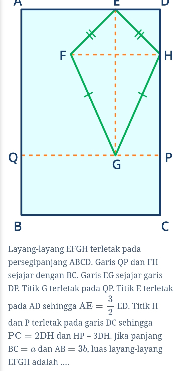 É 
sejajar dengan BC. Garis EG sejajar garis
DP. Titik G terletak pada QP. Titik E terletak 
pada AD sehingga AE= 3/2 ED. Titik H
dan P terletak pada garis DC sehingga
PC=2DH dan HP=3DH. Jika panjang
BC=adan AB=3b , luas layang-layang
EFGH adalah ....