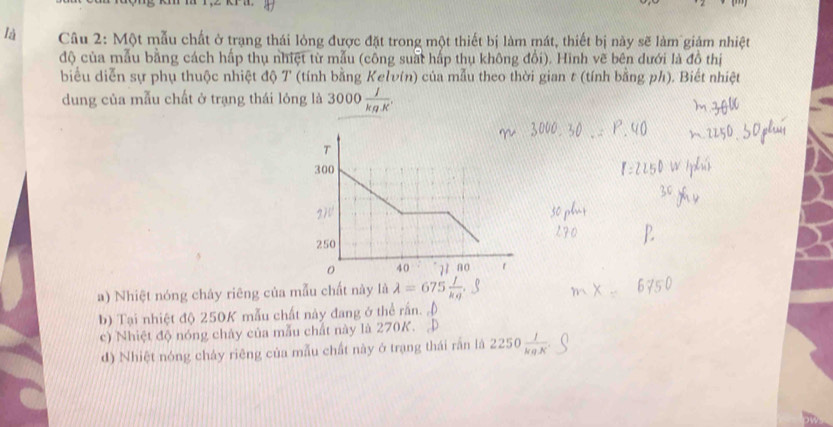 là Câu 2: Một mẫu chất ở trạng thái lòng được đặt trong một thiết bị làm mát, thiết bị này sẽ làm giảm nhiệt
độ của mẫu bằng cách hấp thụ nhiệt từ mẫu (công suất hấp thụ không đổi). Hình vẽ bên dưới là đồ thị
biểu diễn sự phụ thuộc nhiệt độ T (tính bằng Kelvín) của mẫu theo thời gian t (tính bằng ph). Biết nhiệt
dung của mẫu chất ở trạng thái lóng là 3000 J/kgK .
a) Nhiệt nóng chây riêng của mẫu chất này là lambda =675 f/kg .
b) Tại nhiệt độ 250K mẫu chất này đang ở thể rấn.
c) Nhiệt độ nóng chảy của mẫu chất này là 270K.
d) Nhiệt nóng chảy riêng của mẫu chất này ở trạng thái rấn là 2250 1/kaK 