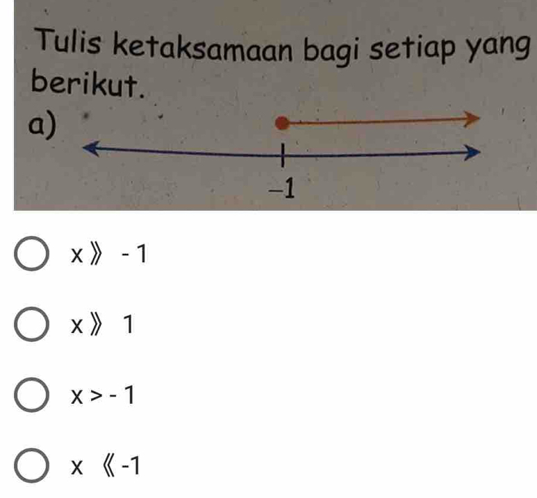 Tulis ketaksamaan bagi setiap yang
berikut.
a
x 》 - 1
x 》 1
x>-1
x