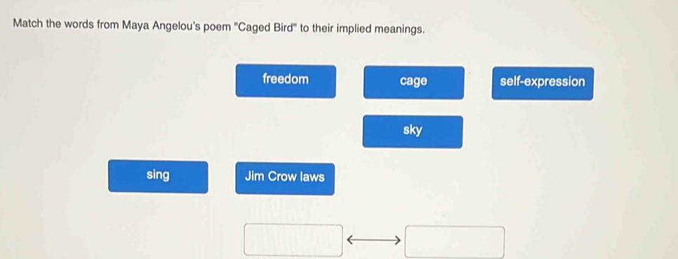 Match the words from Maya Angelou's poem "Caged Bird" to their implied meanings.
freedom cage self-expression
sky
sing Jim Crow laws