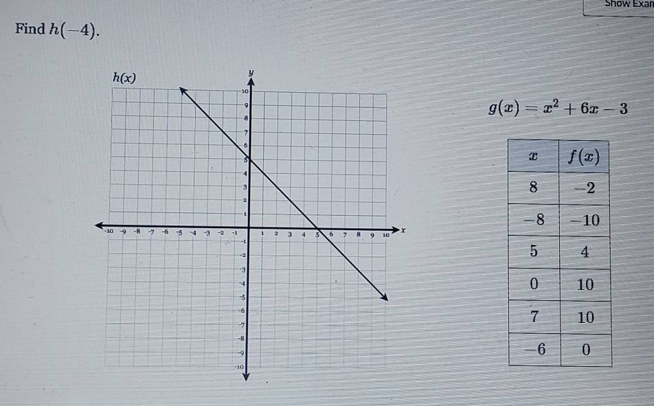 Show Exan
Find h(-4).
g(x)=x^2+6x-3