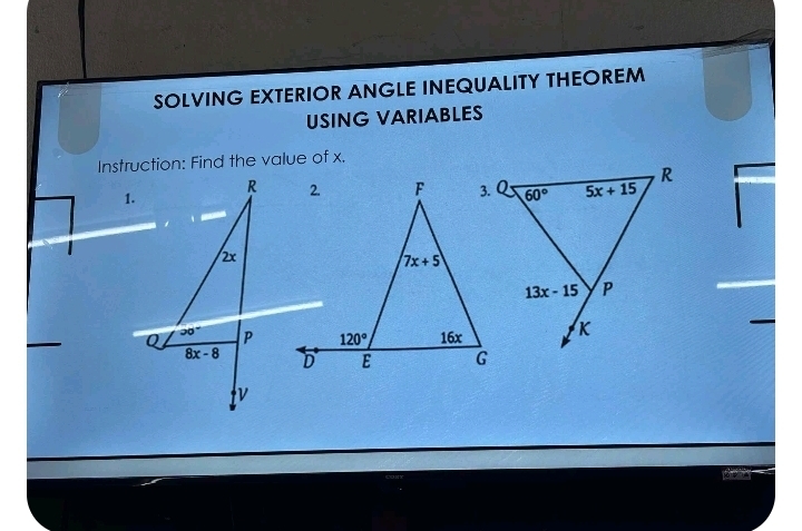 SOLVING EXTERIOR ANGLE INEQUALITY THEOREM
USING VARIABLES
Instruction: Find the value of x.
1.
_
_
feer