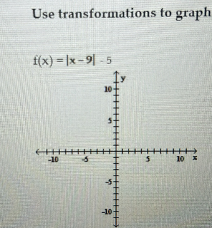 Use transformations to graph
f(x)=|x-9|-5