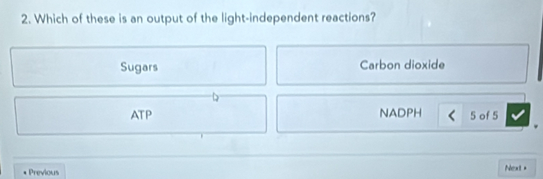 Which of these is an output of the light-independent reactions?
Sugars Carbon dioxide
w
ATP NADPH 5 of 5
Previous Next+