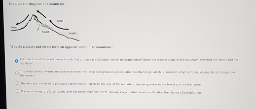 Examine the diagram of a mountaim.
Why do a desert and forest form on opposite sides of the mountain?
tne desert. The direction of the wind moves clouds that produce procipitation, which generates rusoff down the steeper slope of the mountain, watering the forest and not
the devert The wind carries a warm, moist air mass from the ocean that produces precipitation for the forest, which is cooled at a high altitude, leaving dry air to pass over
The direction of the wind produces higher waves that strike the side of the mountain, suppliying water to the forest and not the desert
The wind moves at a faster speed over the desert than the forest, moving any potential clouds and limiting the chance of precipitation.