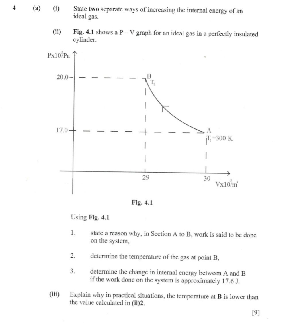 4 (a) (i) State two separate ways of increasing the internal energy of an 
ideal gas. 
(ii) Fig. 4.1 shows a P - V graph for an ideal gas in a perfectly insulated 
cylinder.
P* 10^5Pa
20.0- B
T_2
17.0 A
[T_1=300K
29
30
V* 10^(-5)m^3
Fig. 4.1 
Using Fig. 4.1 
1. state a reason why, in Section A to B, work is said to be done 
on the system, 
2. determine the temperature of the gas at point B, 
3. determine the change in internal energy between A and B
if the work done on the system is approximately 17.6 J. 
(iii) Explain why in practical situations, the temperature at B is lower than 
the value calculated in (ii) 2. 
[9]