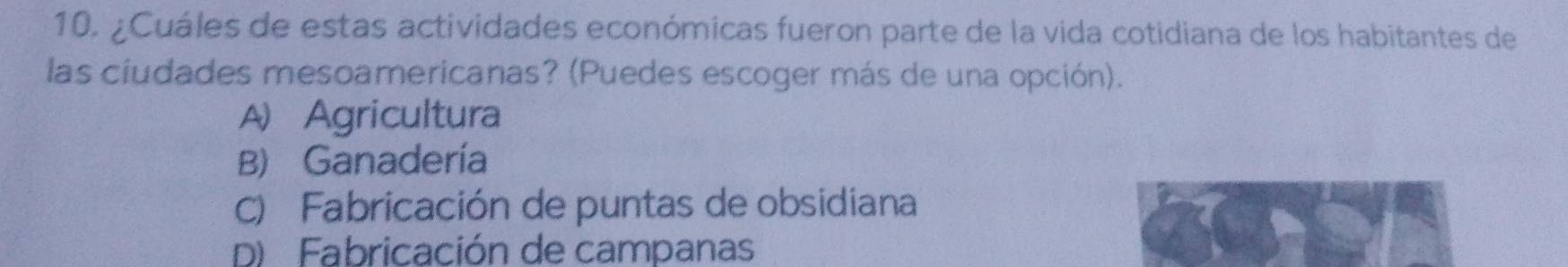 ¿Cuáles de estas actividades económicas fueron parte de la vida cotidiana de los habitantes de
las ciudades mesoamericanas? (Puedes escoger más de una opción).
A) Agricultura
B) Ganadería
C) Fabricación de puntas de obsidiana
D) Fabricación de campanas