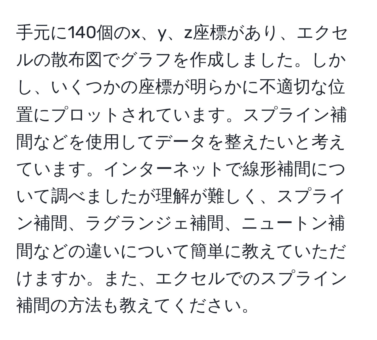 手元に140個のx、y、z座標があり、エクセルの散布図でグラフを作成しました。しかし、いくつかの座標が明らかに不適切な位置にプロットされています。スプライン補間などを使用してデータを整えたいと考えています。インターネットで線形補間について調べましたが理解が難しく、スプライン補間、ラグランジェ補間、ニュートン補間などの違いについて簡単に教えていただけますか。また、エクセルでのスプライン補間の方法も教えてください。