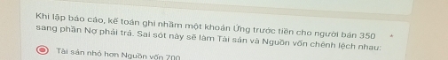 Khi lập báo cáo, kế toán ghi nhầm một khoán Ứng trước tiền cho người bán 350
sang phần Nơ phải trả. Sai sót này sẽ làm Tài sản và Nguồn vốn chênh lệch nhau: 
Tài sản nhỏ hơn Nguồn vốn 700