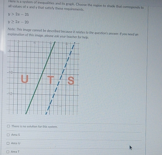 Here is a system of inequalities and its graph. Choose the region to shade that corresponds to
all values of x and y that satisfy these requirements.
y>2x-25
y≥ 2x-20
Note: This image cannot be described because it relates to the question's answer. If you need an
explanation of this image, please ask your teacher for help.
There is no solution for this system.
Area S
Area U
Area T