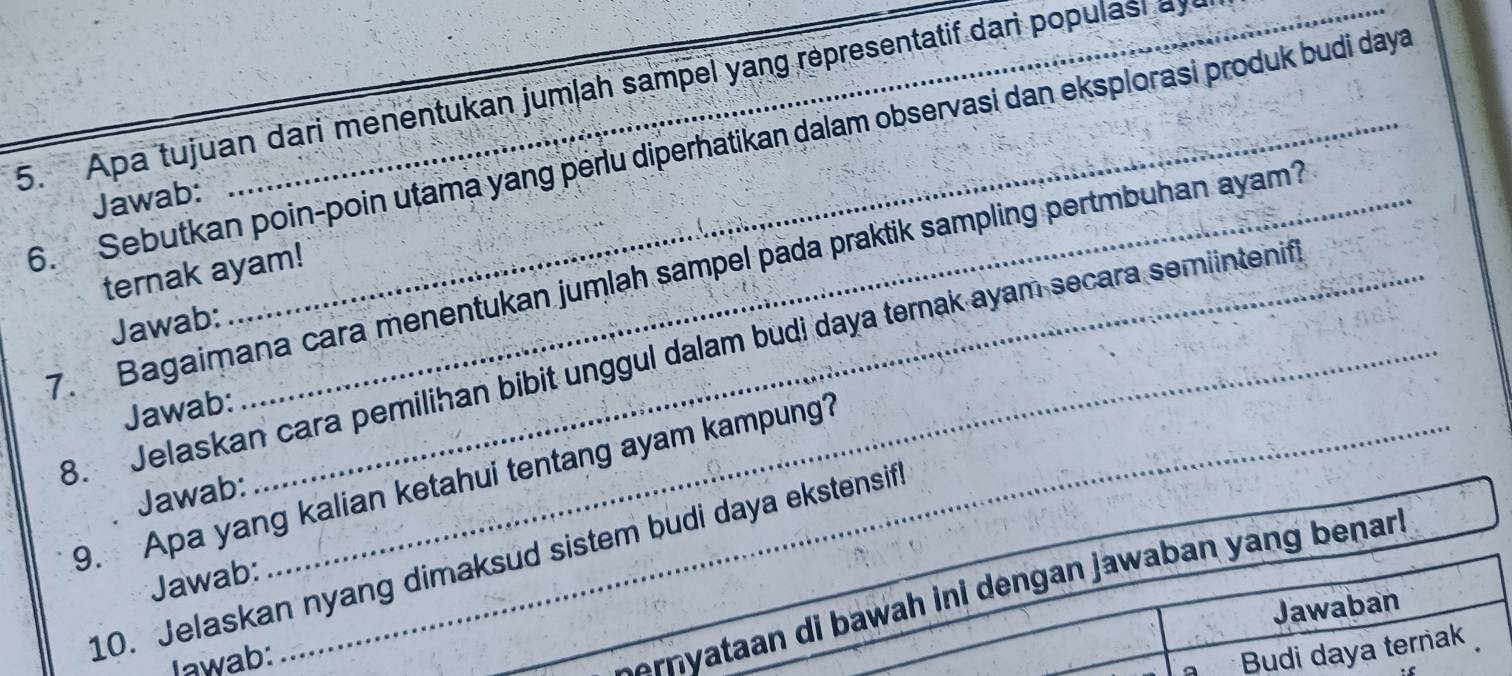 Apa tujuan dari menentukan jumļah sampel yang representatif darì populasi ay 
6. Sebutkan poin-poin utama yang perlu diperhatikan dalam observasi dan eksplorasi produk budi daya 
Jawab: 
ternak ayam! 
7. Bagaimana cara menentukan jumlah sampel pada praktik sampling pertmbuhan ayam? 
Jawab: 
8. Jelaskan cara pemilihan bibit unggul dalam budi daya temak ayam secara semiintenif 
Jawab; 
9. Apa yang kalian ketahui tentang ayam kampung?_ 
Jawab: 
10. Jelaskan nyang dimaksud sistem budi daya ekstensif. 
Jawab: 
Jawab: 
sernyataan di bawah ini dengan jawaban yang benar . 
Jawaban 
Budi daya ternak