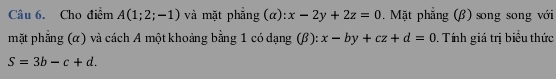 Cho điểm A(1;2;-1) và mặt phẳng (α): x-2y+2z=0. Mặt phẳng (β) song song với 
mặt phẳng (α) và cách A một khoảng bằng 1 có dạng (β): x-by+cz+d=0. Tính giá trị biểu thức
S=3b-c+d.