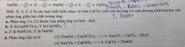 NaOH  (+X)/(1) Z- (+Y)/(2) to NaOH  (+X)/(3) to Exrightarrow +YCaCO
Biết: X, Y, Z, E là các hợp chất khác nhau và khác CaCO_3; mỗi mũi tên ứng với một phương trình hoá học của 
phản ứng giữa hai chất tương ứng. 
a. Phản ứng (1), (2) thuộc loại phản ứng oxi hoá - khử. 
b. X là Ca(HCO_3) 2; Y là Ca(OH)_2
c. Z là NaHCO_3; E là NaOH. 
d. Phản ứng xảy ra ở: (3) 2NaOH+Ca(HCO_3)_2to Na_2CO_3+CaCO_3+2H_2O
(4) Na_2CO_3+Ca(OH)_2to CaCO_3+2NaOH