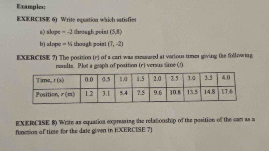 Examples:
EXERCISE 6) Write equation which satisfies
a) slope =-2 through point (5,8)
b) slope =1/4 though point (7,-2)
EXERCISE 7) The position (r) of a cart was measured at various times giving the following
results. Plot a graph of position (r) versus time (t).
EXERCISE 8) Write an equation expressing the relationship of the position of the cart as a
function of time for the date given in EXERCISE 7)