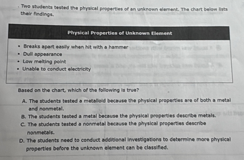 Two students tested the physical properties of an unknown element. The chart below lists
their findings.
Based on the chart, which of the following is true?
A. The students tested a metalloid because the physical properties are of both a metal
and nonmetal.
B. The students tested a metal because the physical properties describe metals.
C. The students tested a nonmetal because the physical properties describe
nonmetals.
D. The students need to conduct additional investigations to determine more physical
properties before the unknown element can be classified.